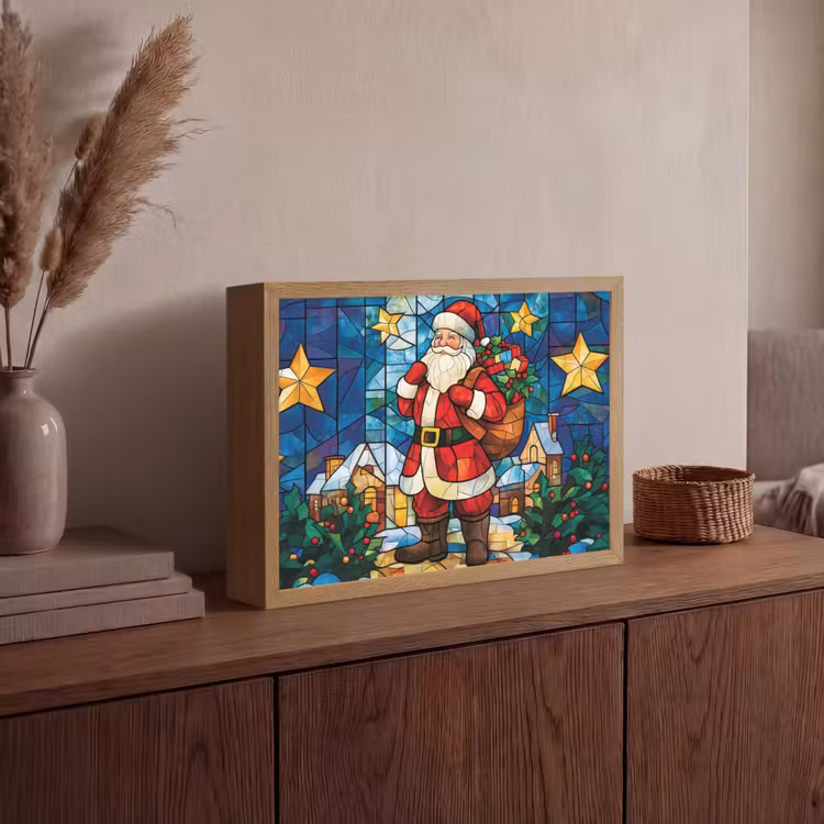 Kerstman - Glas - Kleurrijk Light Box met batterij (Wandlamp) middel -sfeer2