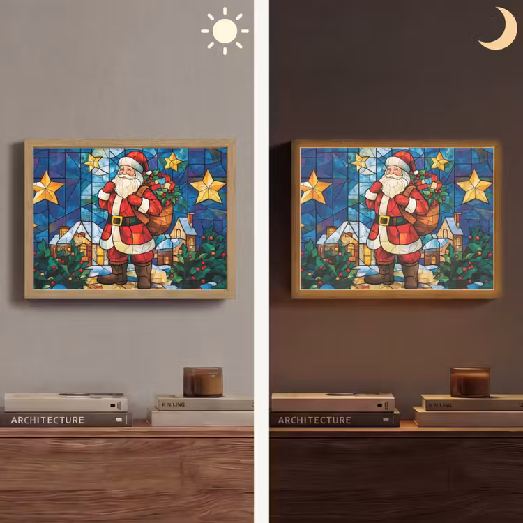 Kerstman - Glas - Kleurrijk Light Box met batterij (Wandlamp) middel -sfeer3