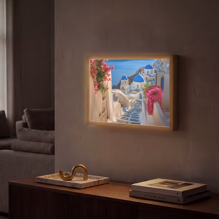 Santorini - Bloemen - Griekenland Light Box met batterij (Wandlamp) middel -sfeer1