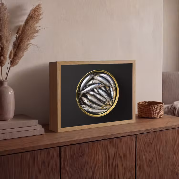 Sardines - Vissen - Rond - Zwart Light Box met batterij (Wandlamp) middel -sfeer2