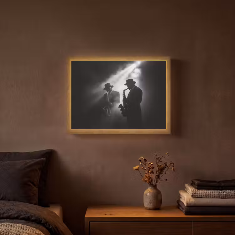 Saxofonisten - Hoeden - Rook - Licht Light Box met batterij (Wandlamp) middel -sfeer4