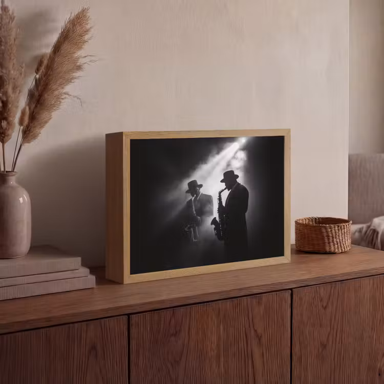 Saxofonisten - Hoeden - Rook - Licht Light Box met batterij (Wandlamp) middel -sfeer2