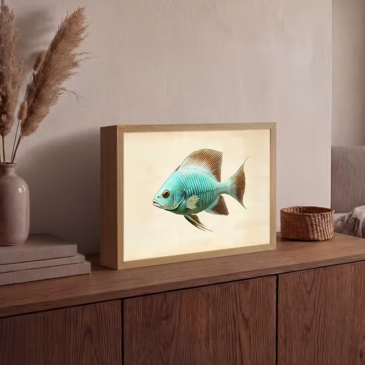 Schubben - Vis - Mint - Minimalistisch Light Box met batterij (Wandlamp) middel -sfeer2