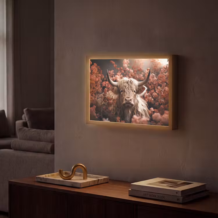Schotse hooglander - Dier - Natuur - Bloemen - Botanisch Light Box met batterij (Wandlamp) middel -sfeer1