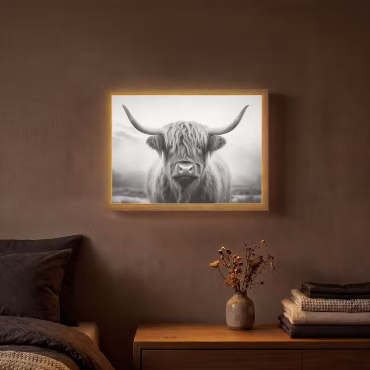 Schotse hooglander - Dieren portret - Zwart - Wit - Dier Light Box met batterij (Wandlamp) middel -sfeer4