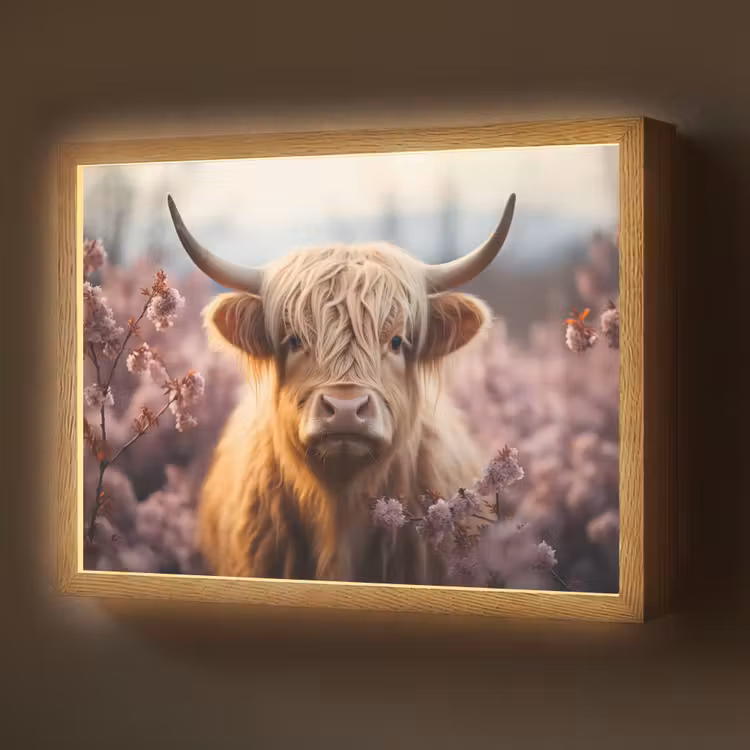 Schotse hooglander - Dieren portret - Bloemen - Dier Light Box met batterij (Wandlamp) middel -z3d_website