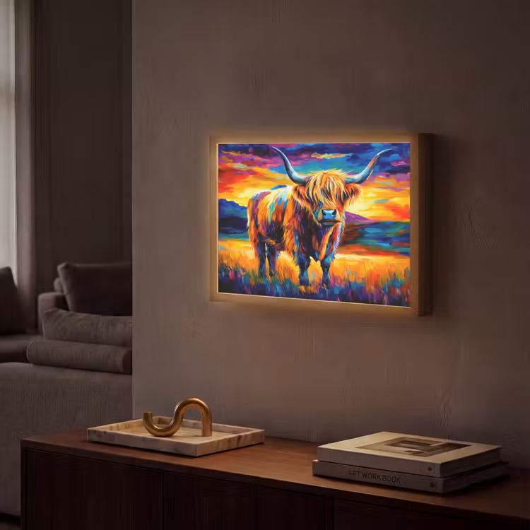 Schotse hooglander - Kunst - Koe - Dieren - Landschap Light Box met batterij (Wandlamp) middel -sfeer1