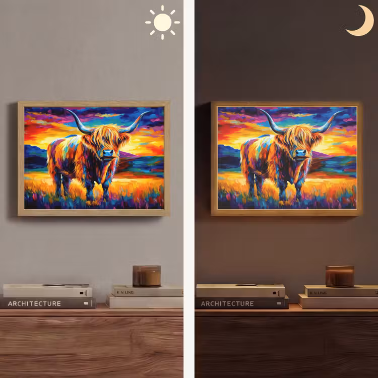 Schotse hooglander - Kunst - Koe - Dieren - Landschap Light Box met batterij (Wandlamp) middel -sfeer3