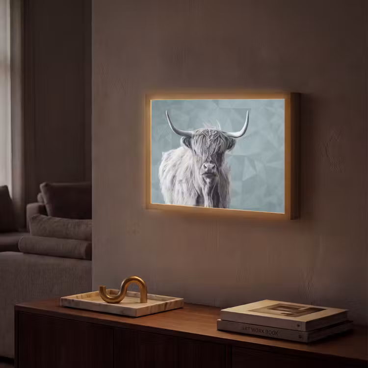 Schotse hooglander - Zwart wit - Patroon - Driehoek Light Box met batterij (Wandlamp) middel -sfeer1