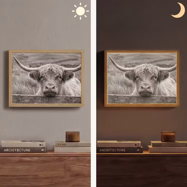Schotse hooglander - Zwart - Wit - Hout Light Box met batterij (Wandlamp) middel -sfeer3