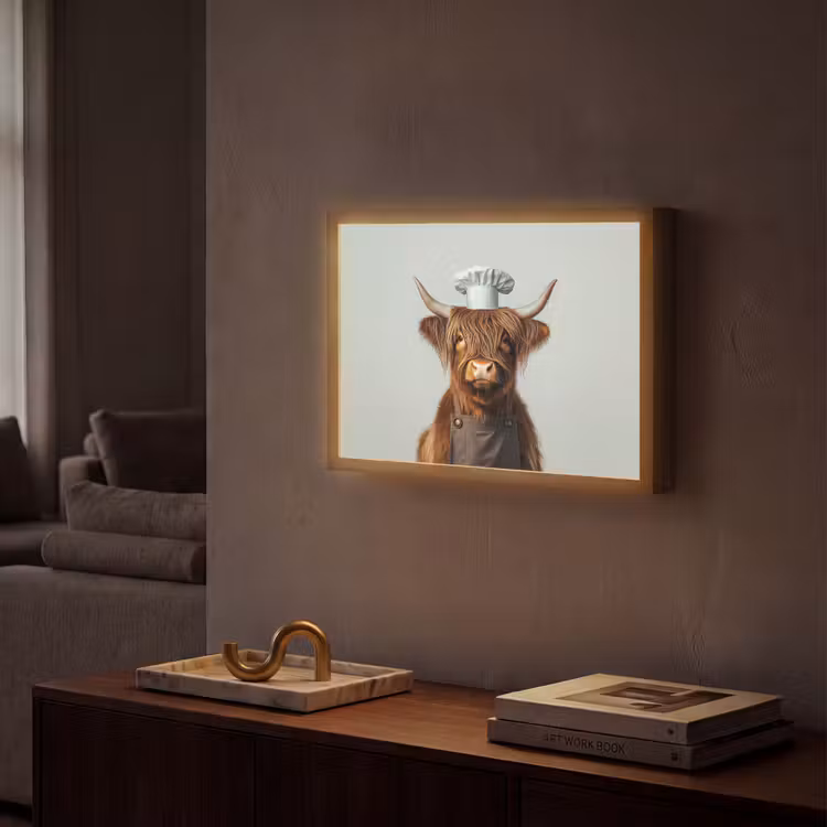 Schotse Hooglander - Bruin - Hoorns - Kokskleding Light Box met batterij (Wandlamp) middel -sfeer1