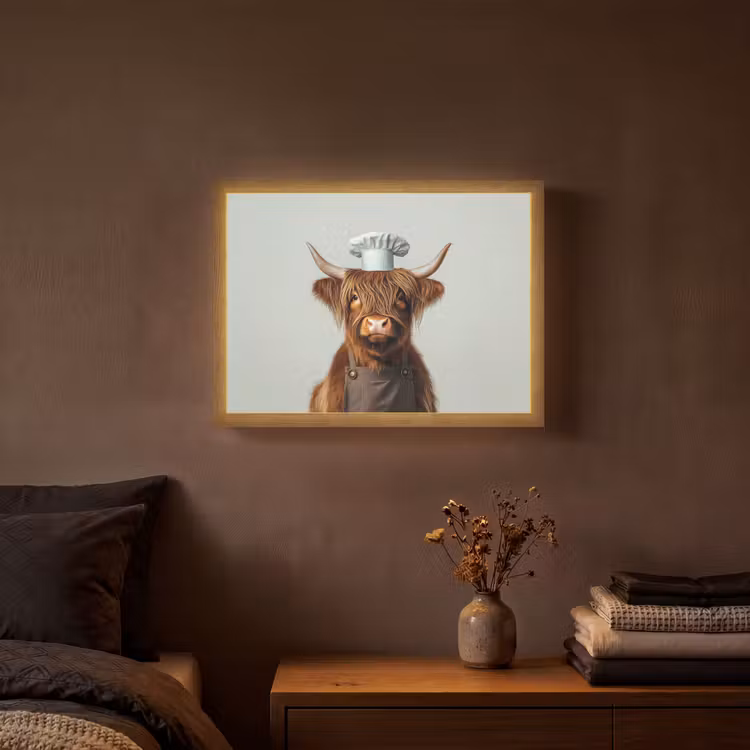 Schotse Hooglander - Bruin - Hoorns - Kokskleding Light Box met batterij (Wandlamp) middel -sfeer4