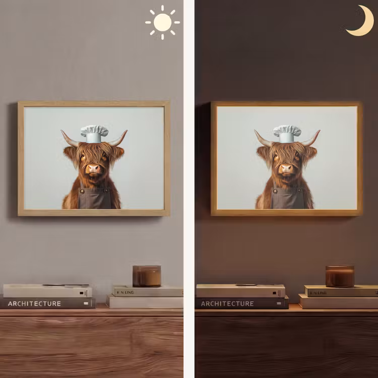 Schotse Hooglander - Bruin - Hoorns - Kokskleding Light Box met batterij (Wandlamp) middel -sfeer3