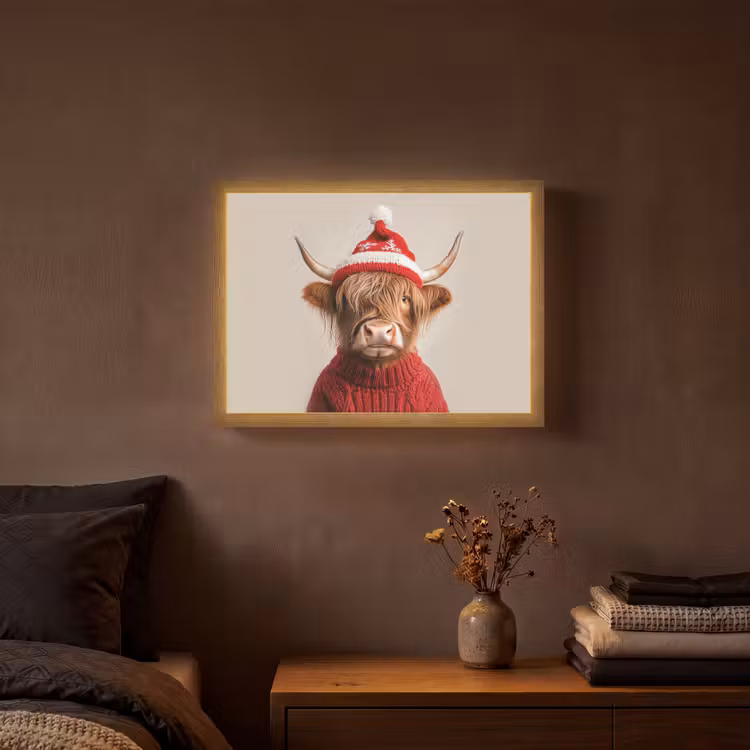 Schotse Hooglander - Kerst - Muts - Trui - Winter Light Box met batterij (Wandlamp) middel -sfeer4
