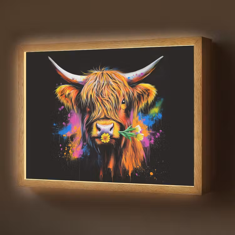 Schotse Hooglander - Graffiti - Kleurrijk - Bloem - Dieren Light Box met batterij (Wandlamp) middel -z3d_website