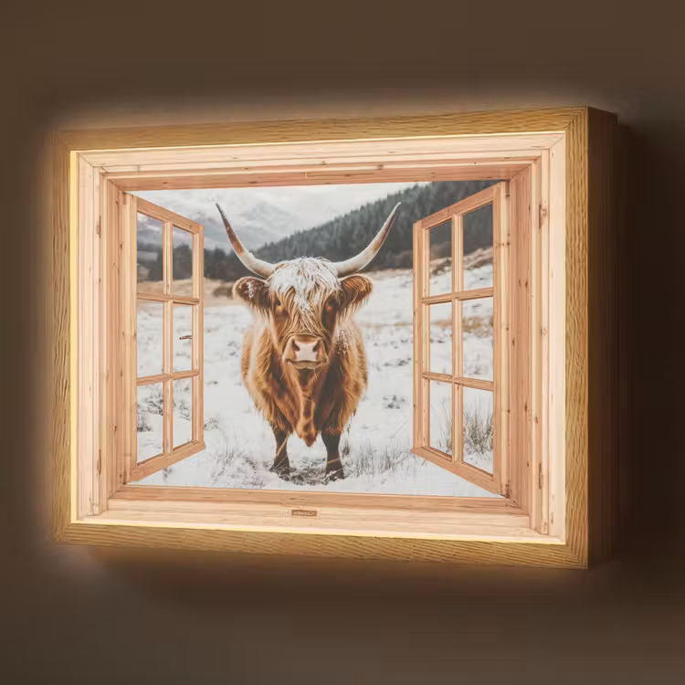 Schotse Hooglander - Landschap - Landelijk - Bergen - Winter - Doorkijk Light Box met batterij (Wandlamp) middel -z3d_website