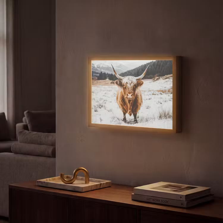 Schotse Hooglander - Landschap - Sneeuw - Bergen - Winter Light Box met batterij (Wandlamp) middel -sfeer1
