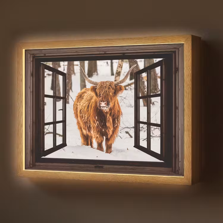 Schotse Hooglander - Sneeuw - Natuur - Dieren - Doorkijk - Winter Light Box met batterij (Wandlamp) middel -z3d_website