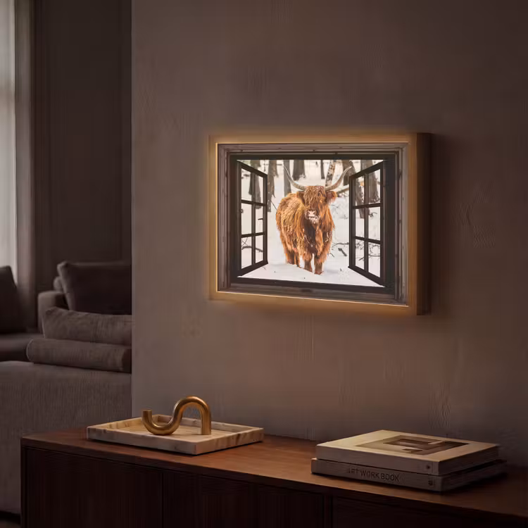 Schotse Hooglander - Sneeuw - Natuur - Dieren - Doorkijk - Winter Light Box met batterij (Wandlamp) middel -sfeer1