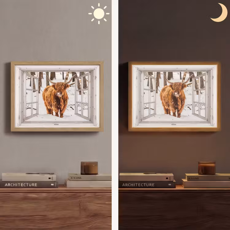 Schotse Hooglander - Sneeuw - Winter - Natuur - Dier - Doorkijk - Landelijk Light Box met batterij (Wandlamp) middel -sfeer3