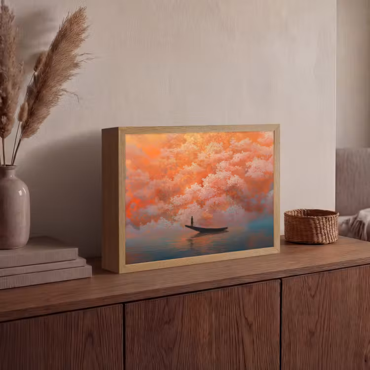 Zee - Boot - Wolken - Oranje Light Box met batterij (Wandlamp) middel -sfeer2