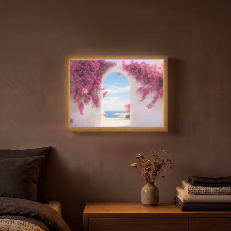 Zee - Roze - Bloemen - Poort Light Box met batterij (Wandlamp) middel -sfeer4
