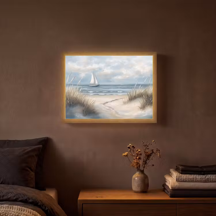 Zee - Zeilboot - Strand - Duinen - Vintage Light Box met batterij (Wandlamp) middel -sfeer4
