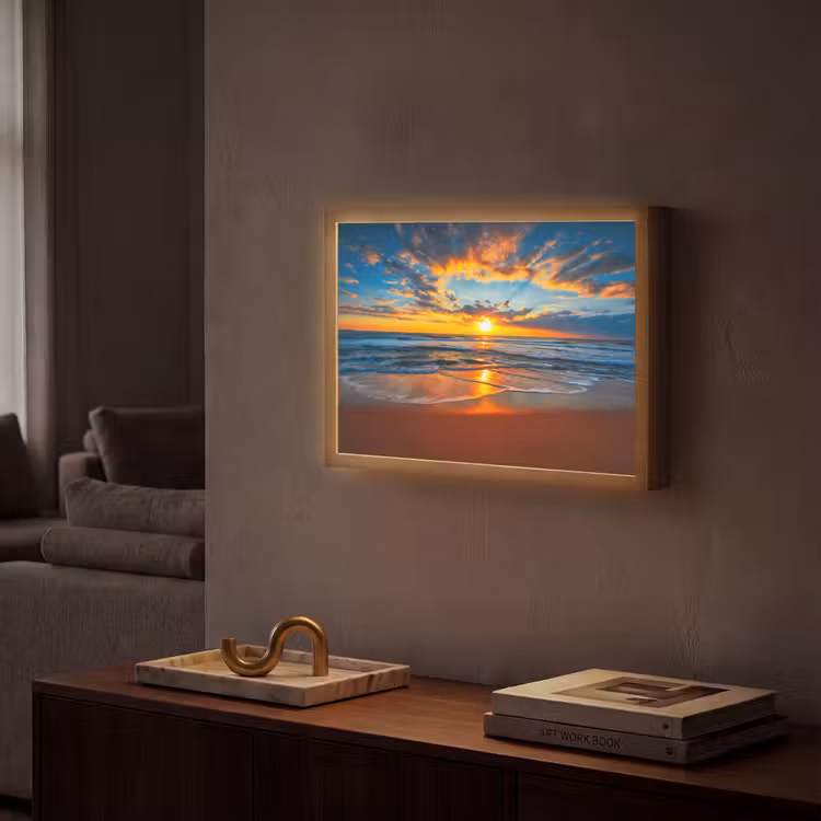 Zee - Zonsondergang - Strand - Wolken - Oranje Light Box met batterij (Wandlamp) middel -sfeer1
