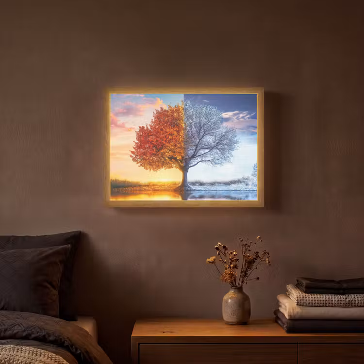 Seizoenen - Kunst - Boom - Herfst - Winter Light Box met batterij (Wandlamp) middel -sfeer4