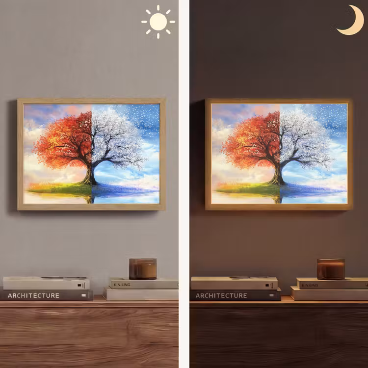 Seizoenen - Kunst - Boom - Winter - Herfst Light Box met batterij (Wandlamp) middel -sfeer3