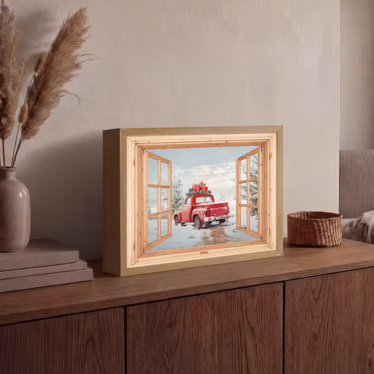 Doorkijk - Auto - Kerst - Cadeaus - Winter - Landschap Light Box met batterij (Wandlamp) middel -sfeer2