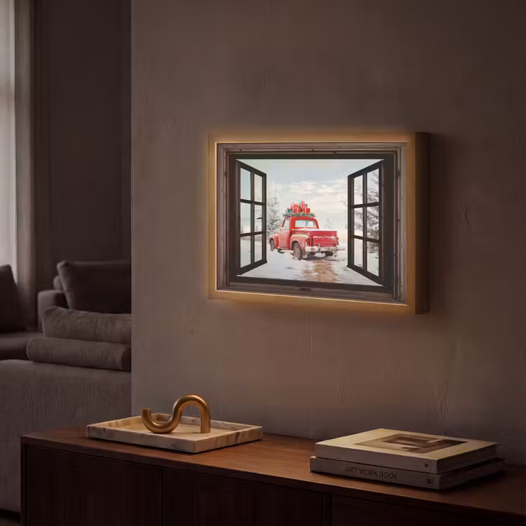Doorkijk - Auto - Rood - Cadeaus - Winterlandschap - Kerst Light Box met batterij (Wandlamp) middel -sfeer1