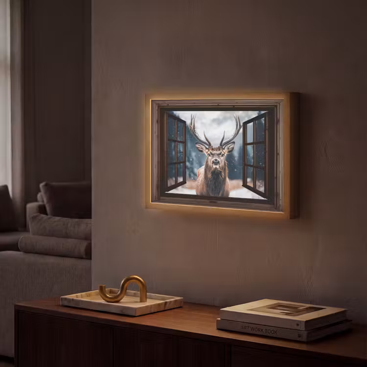 Doorkijk - Hert - Dieren - Landschap - Winter - Sneeuw - Landelijk Light Box met batterij (Wandlamp) middel -sfeer1