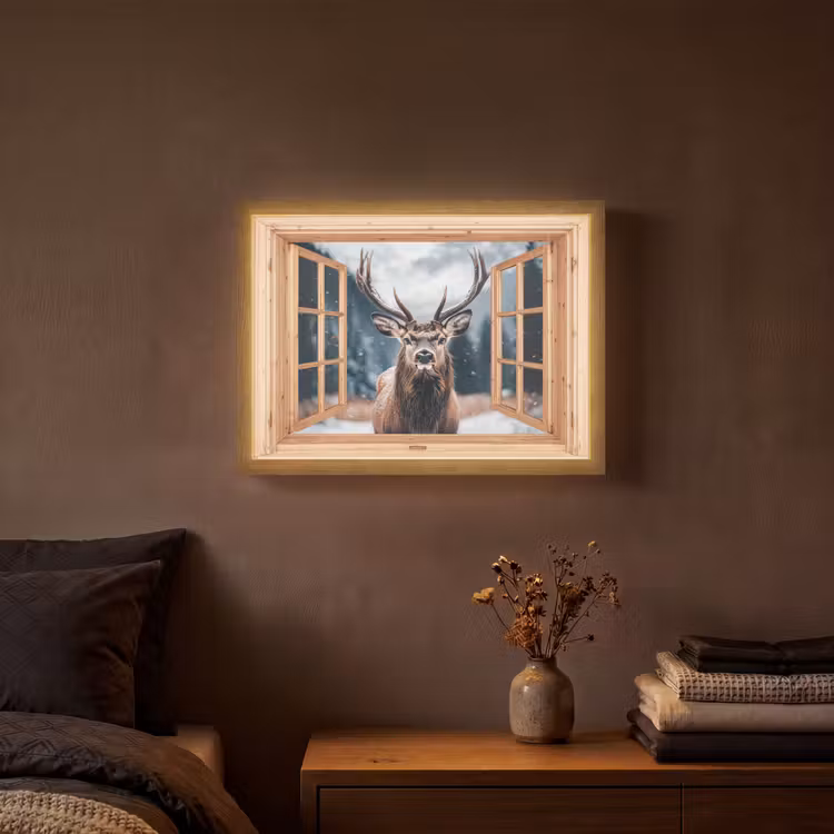 Doorkijk - Hert - Dieren - Winterlandschap - Sneeuw Light Box met batterij (Wandlamp) middel -sfeer4