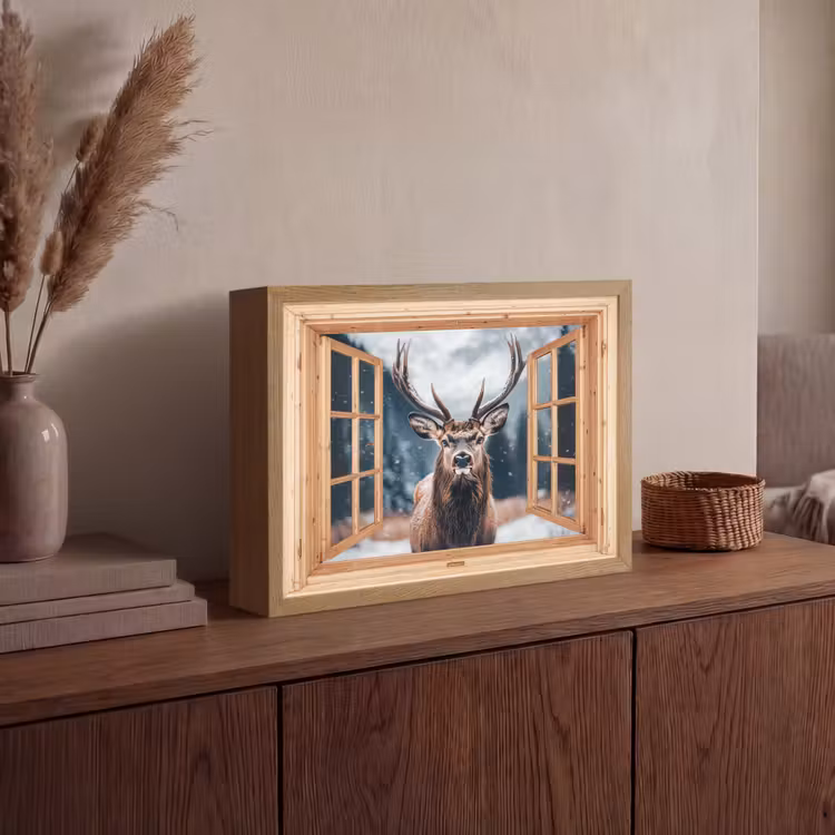 Doorkijk - Hert - Dieren - Winterlandschap - Sneeuw Light Box met batterij (Wandlamp) middel -sfeer2