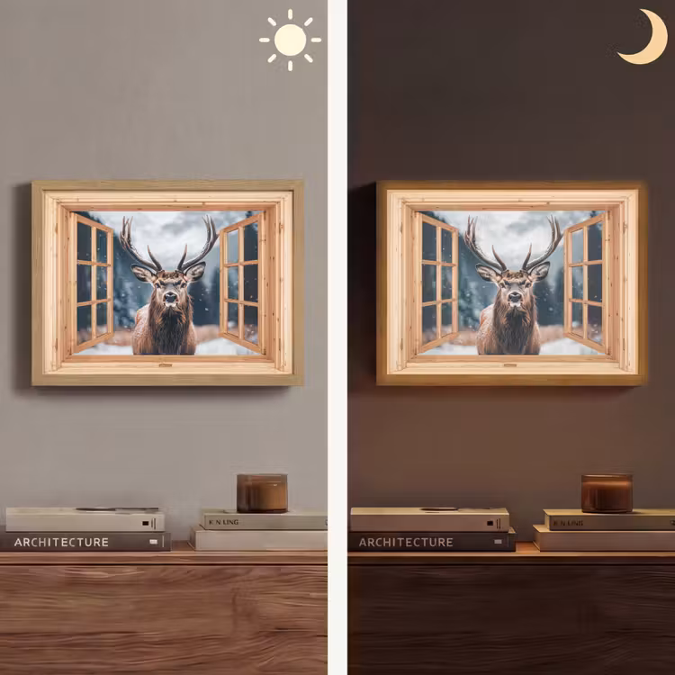 Doorkijk - Hert - Dieren - Winterlandschap - Sneeuw Light Box met batterij (Wandlamp) middel -sfeer3
