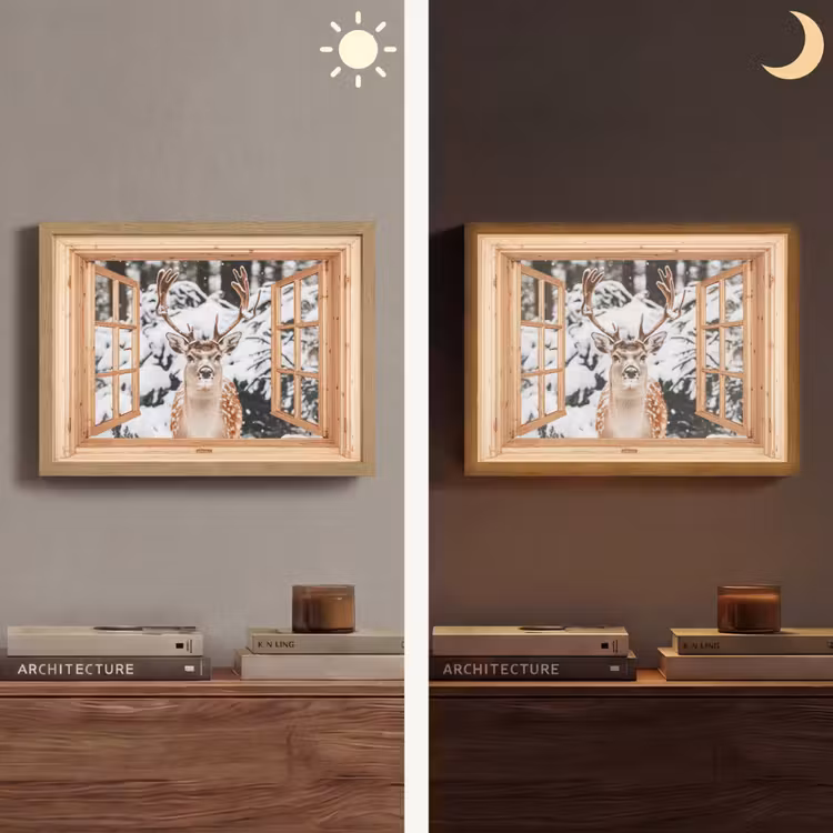 Doorkijk - Hert - Sneeuw - Winter - Bos - Dieren Light Box met batterij (Wandlamp) middel -sfeer3