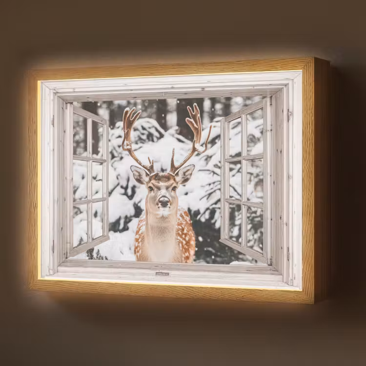 Doorkijk - Hert - Sneeuw - Winter - Bos - Dieren - Natuur Light Box met batterij (Wandlamp) middel -z3d_website