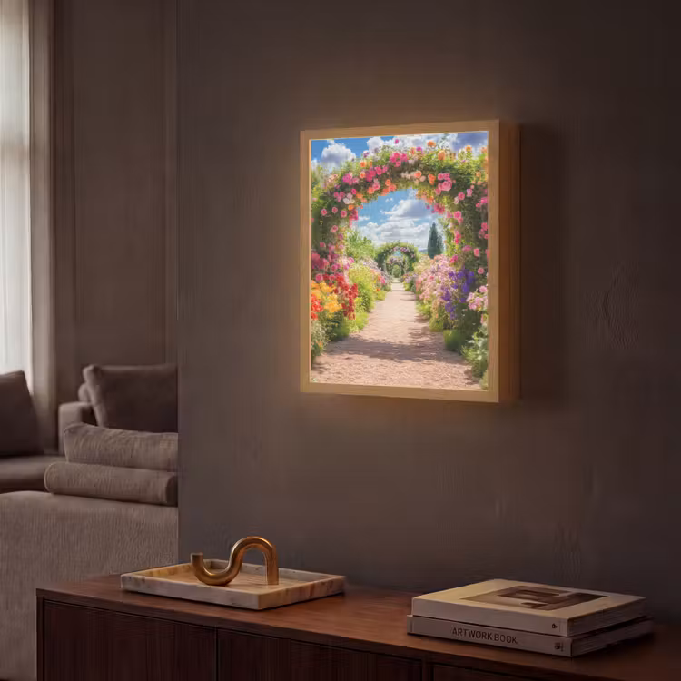 Doorkijk - Bloemen - Kleurrijk - Natuur Light Box met batterij (Wandlamp) middel -sfeer1
