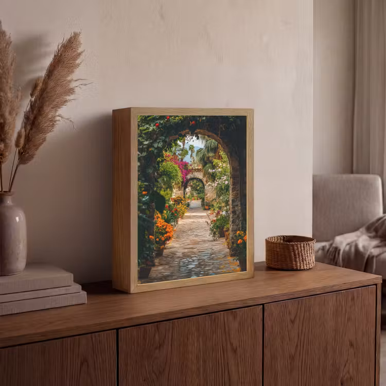 Doorkijk - Bloemen - Poort - Stenen Light Box met batterij (Wandlamp) middel -sfeer2