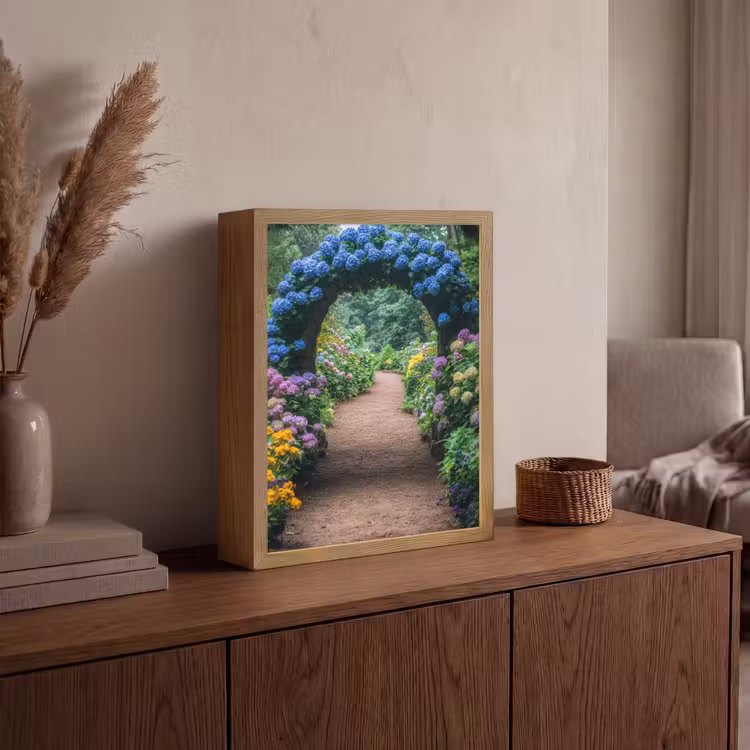 Doorkijk - Bloemen - Hortensia - Pad Light Box met batterij (Wandlamp) middel -sfeer2