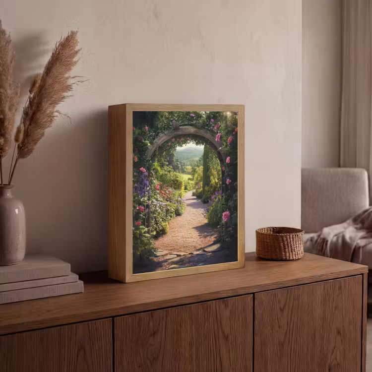 Doorkijk - Bloemen - Natuur - Rozenboog Light Box met batterij (Wandlamp) middel -sfeer2