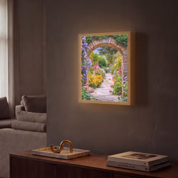 Doorkijk - Bloemen - Pad - Natuur Light Box met batterij (Wandlamp) middel -sfeer1