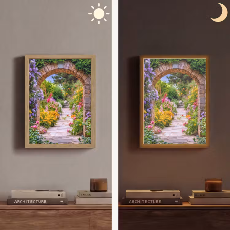 Doorkijk - Bloemen - Pad - Natuur Light Box met batterij (Wandlamp) middel -sfeer3