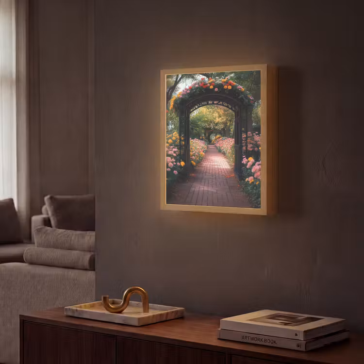 Doorkijk - Bloemen - Pad - Natuur - Kleurrijk Light Box met batterij (Wandlamp) middel -sfeer1