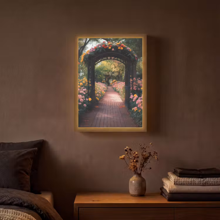 Doorkijk - Bloemen - Pad - Natuur - Kleurrijk Light Box met batterij (Wandlamp) middel -sfeer4