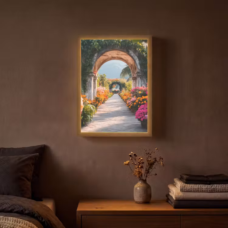 Doorkijk - Bloemen - Tropisch - Kleurrijk Light Box met batterij (Wandlamp) middel -sfeer4