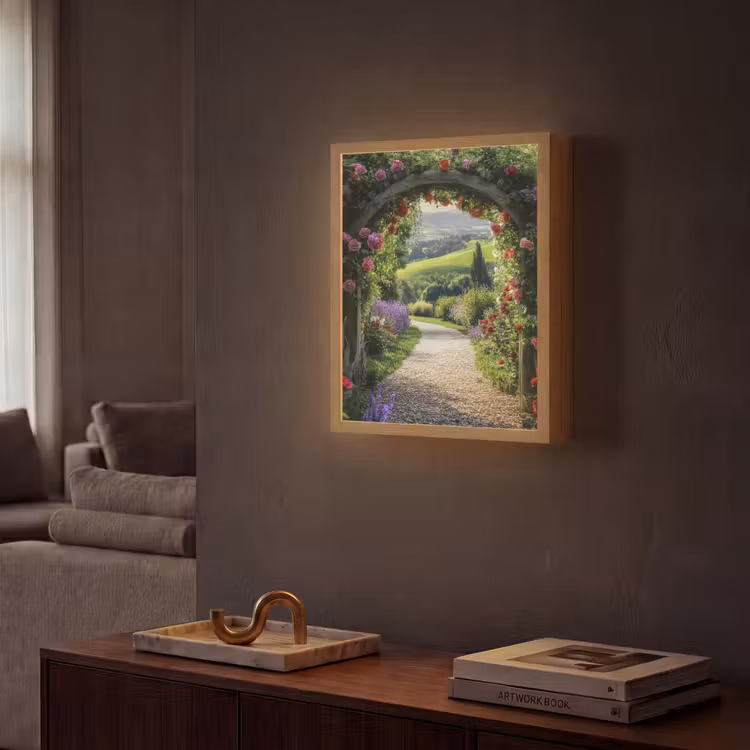 Doorkijk - Tuinboog - Bloemen - Natuur - Pad Light Box met batterij (Wandlamp) middel -sfeer1