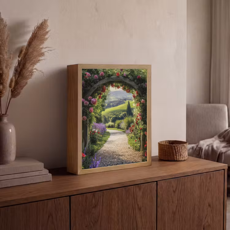 Doorkijk - Tuinboog - Bloemen - Natuur - Pad Light Box met batterij (Wandlamp) middel -sfeer2