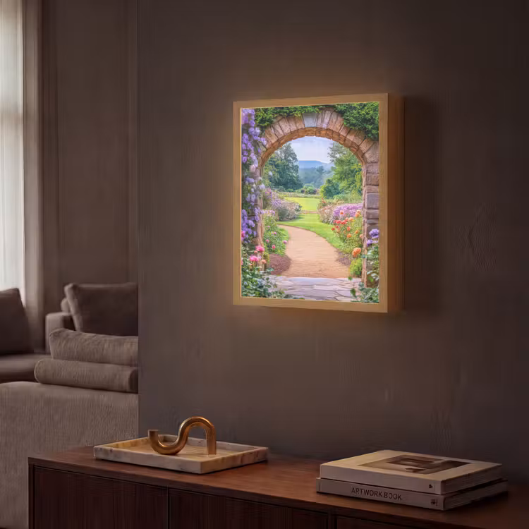 Doorkijk - Poort - Bloemen - Tuin Light Box met batterij (Wandlamp) middel -sfeer1